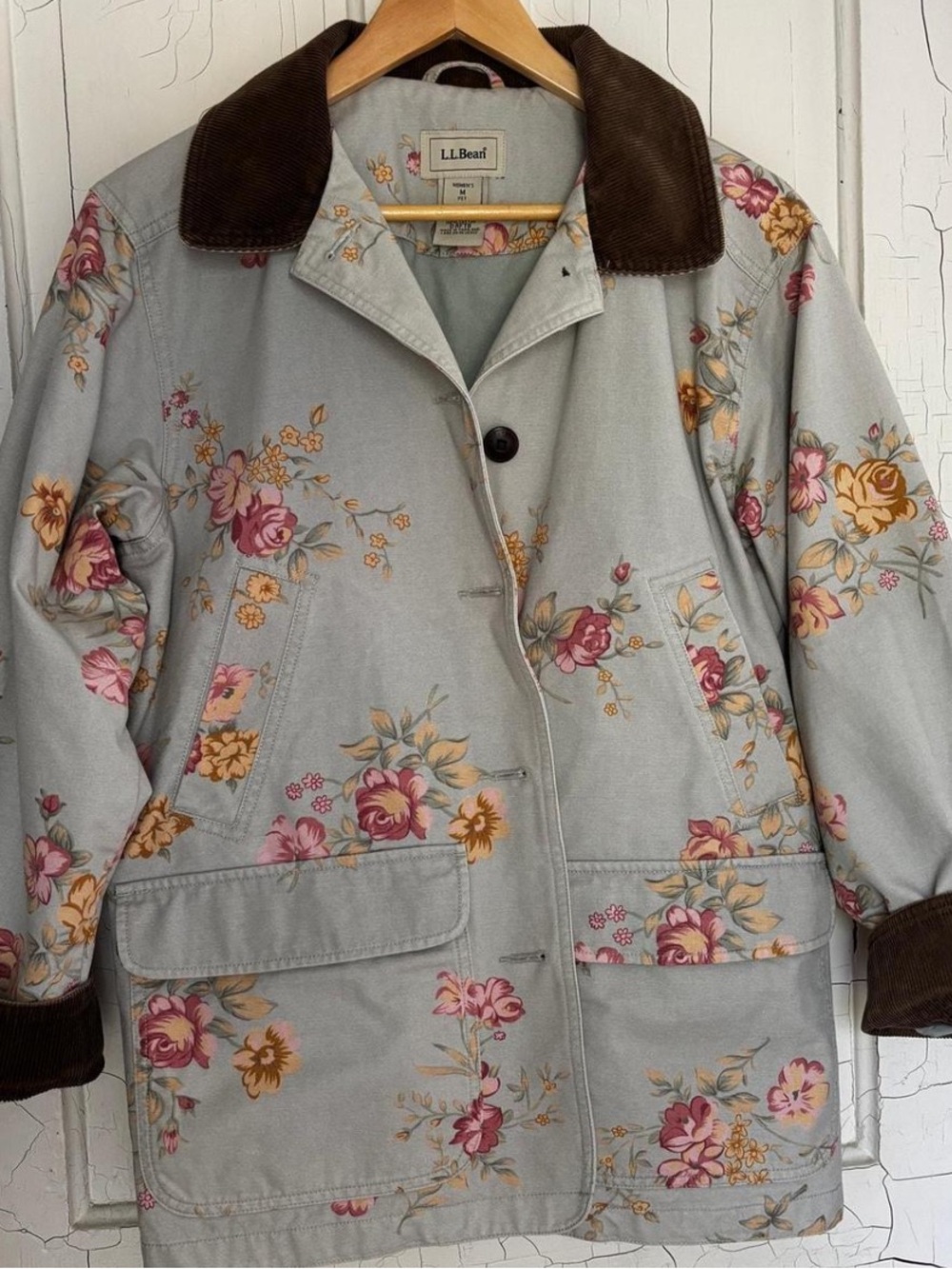LL Bean Medium P. Light Blue Floral Cotton Adirondack Barn Chore Jacket Like New